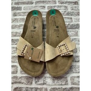 Bio Green Women's Pearl Buckle Leather Sandals 8 39 Spain Slide Coquette NWT